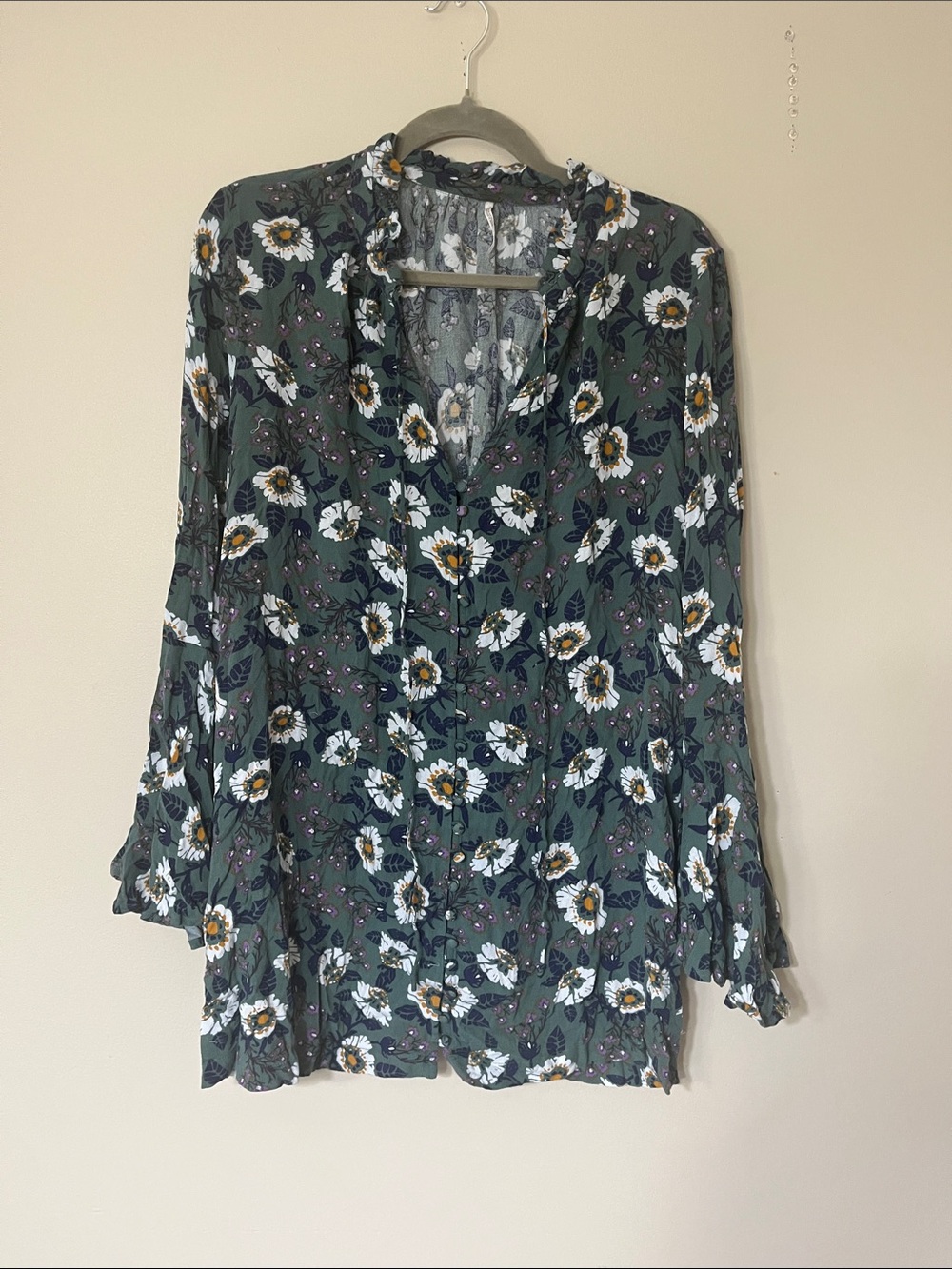 Free People Olive Green Floral Button-Front Blouse